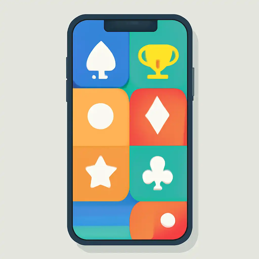 Smartphone shown from the front displaying a colourful flat layout of abstract game icons and rounded tiles, Top Rummy