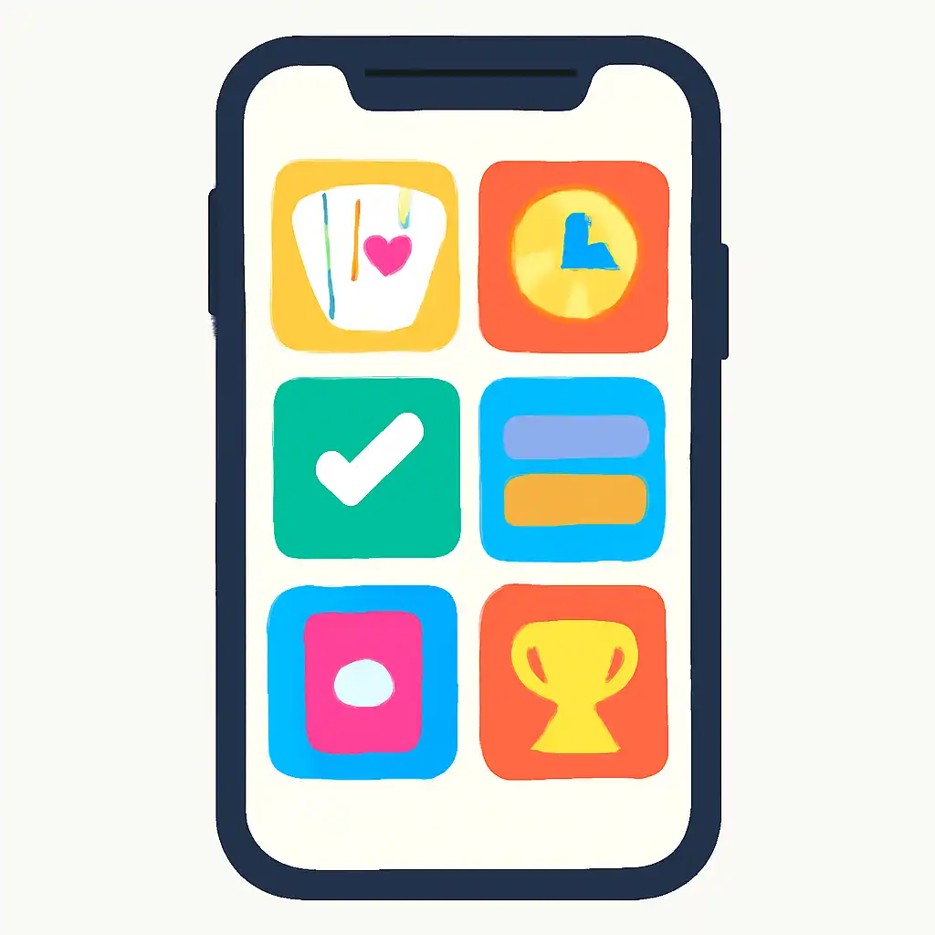 Smartphone shown from the front displaying a colourful flat layout of abstract game icons and rounded tiles, rummy app
