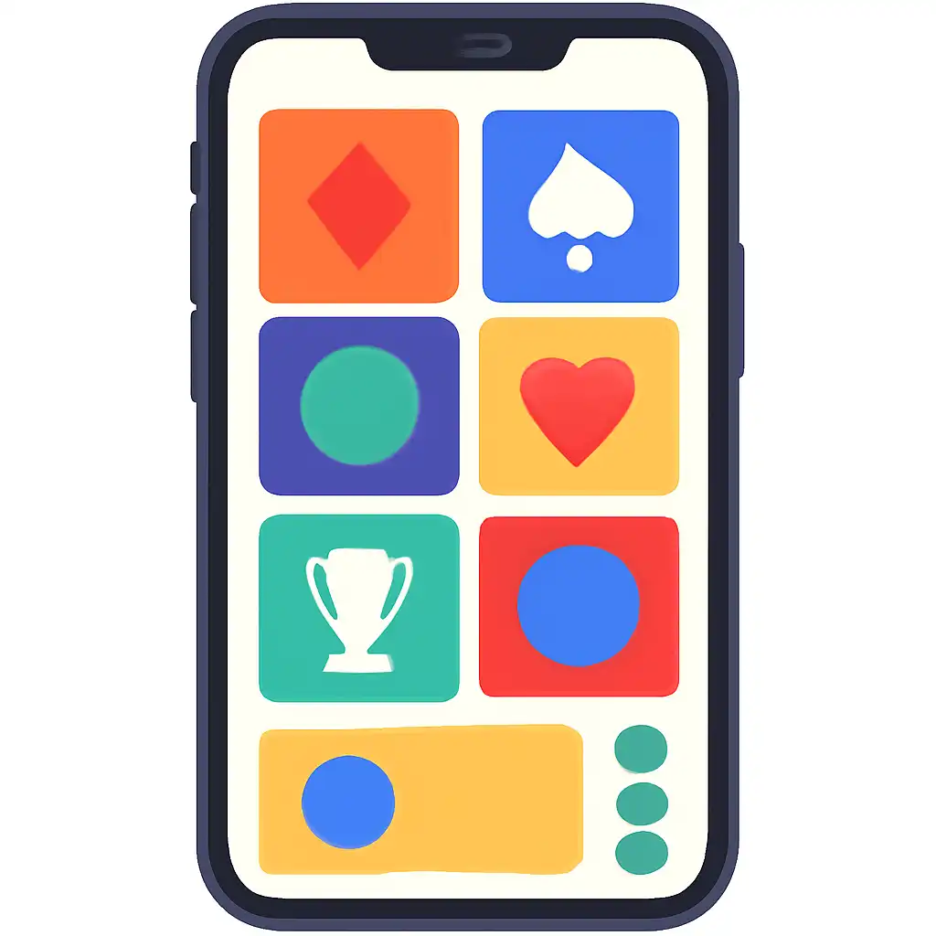 Smartphone shown from the front displaying a colourful flat layout of abstract game icons and rounded tiles, Getting