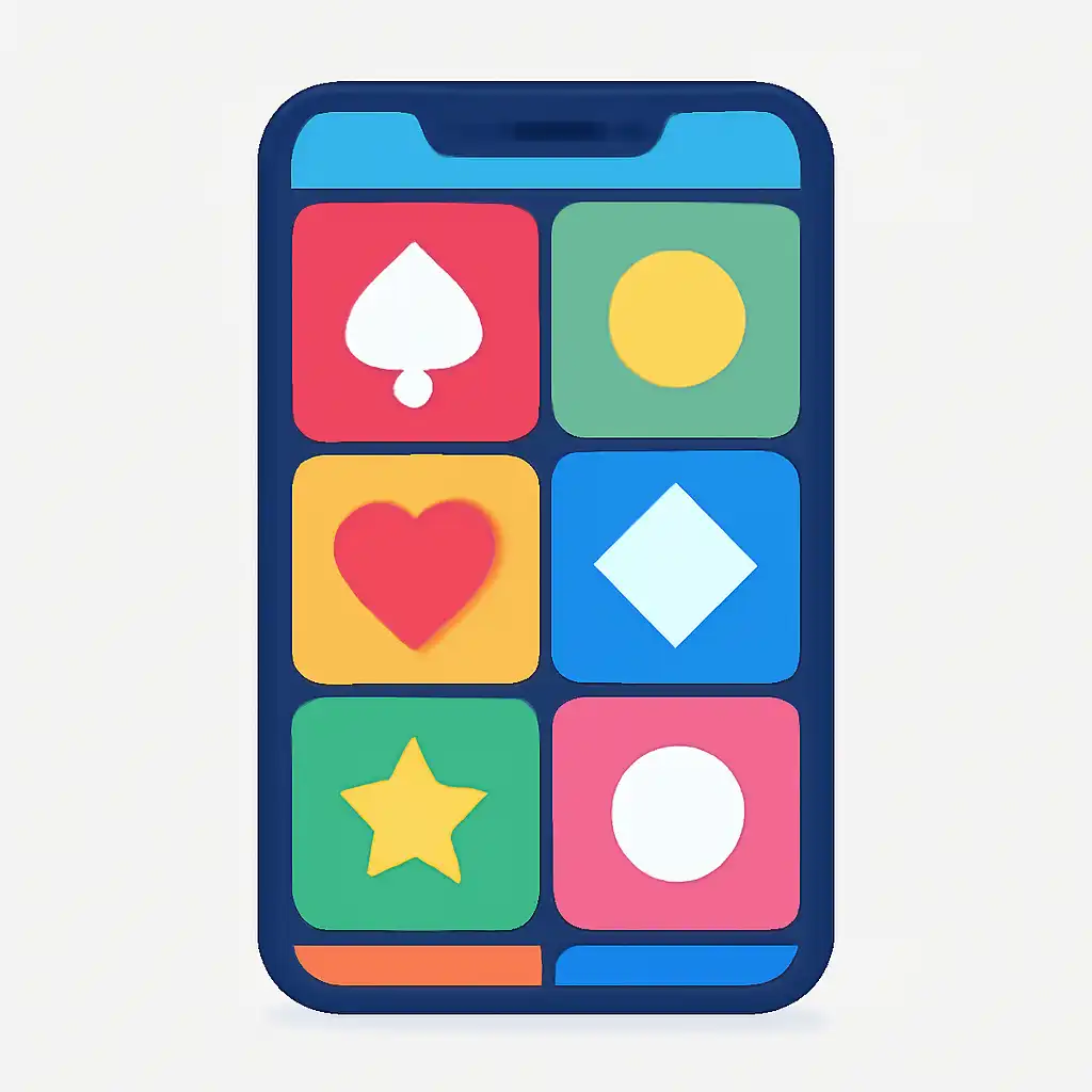 Smartphone shown from the front displaying a colourful flat layout of abstract game icons and rounded tiles, Common