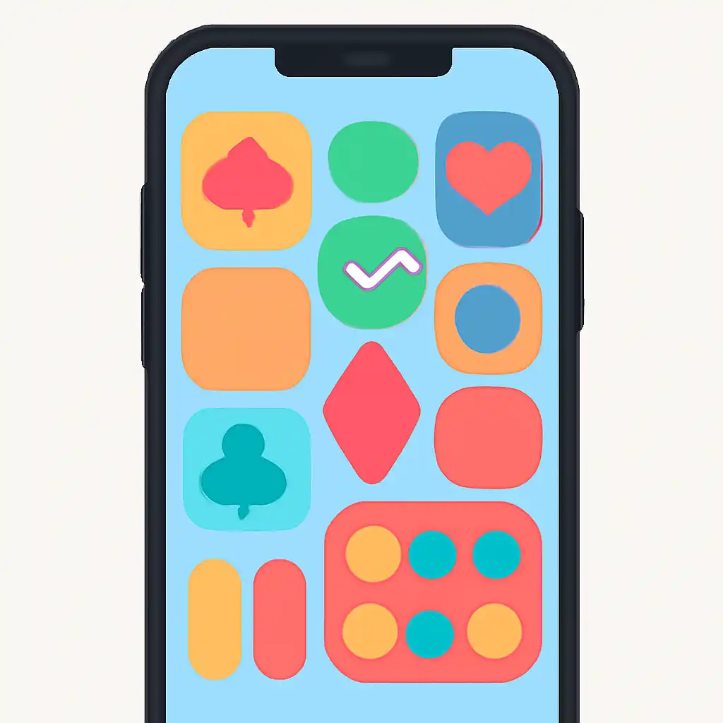 Smartphone shown from the front displaying a colourful flat layout of abstract game icons and rounded tiles, What rummy app