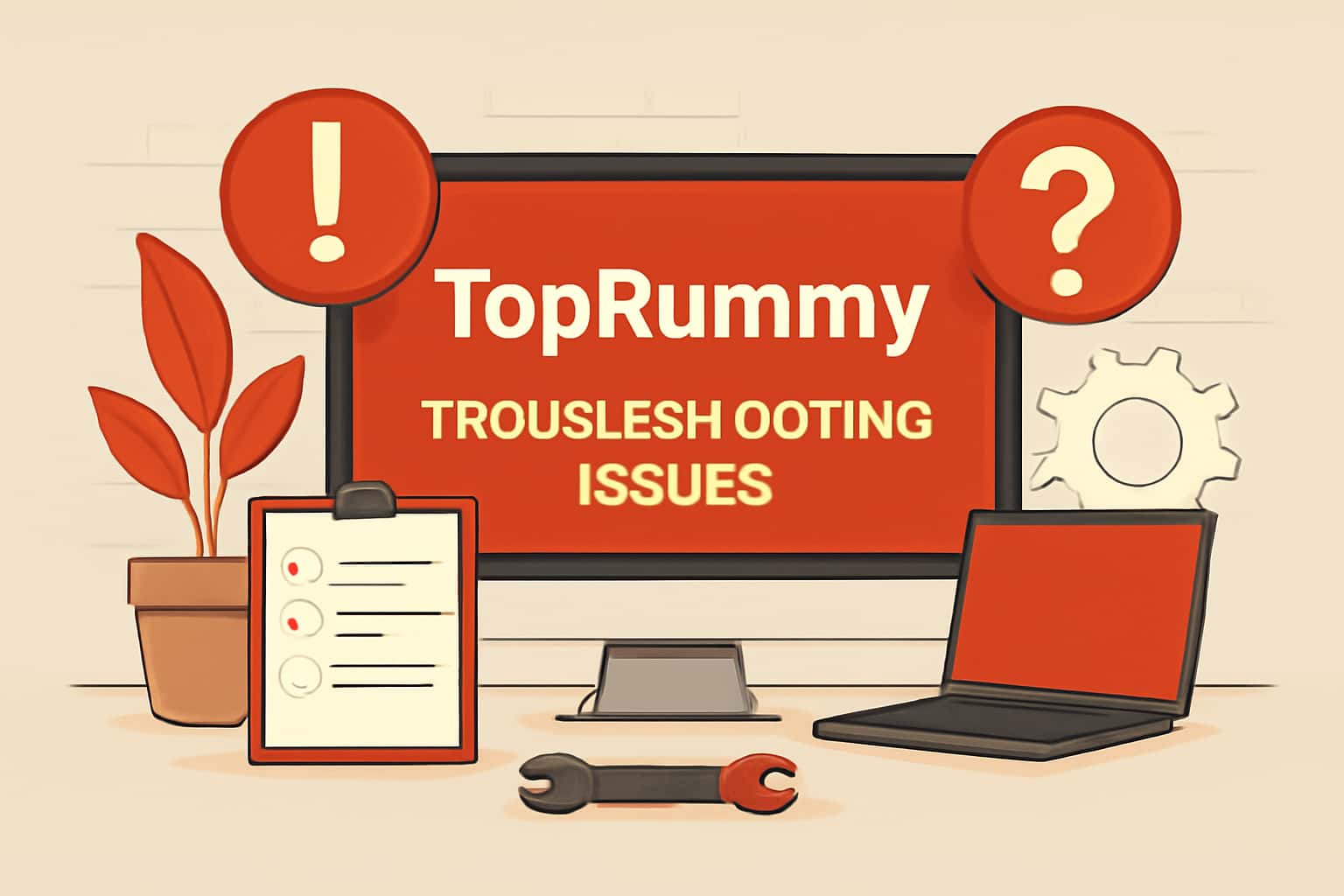 An informative and neutral scene illustrating troubleshooting issues related to TopRummy.