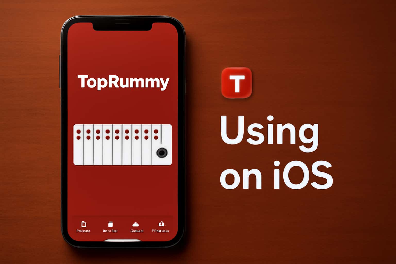 An informational scene depicting the TopRummy app interface on an iOS device.